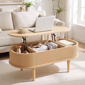 43.5 inches Oval Lift Top Coffee Table with Storage and Fluted Design for Living Room-Natural view 3