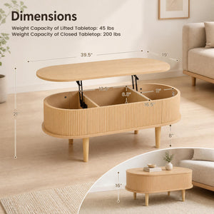 43.5 inches Oval Lift Top Coffee Table with Storage and Fluted Design for Living Room-Natural view 5
