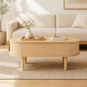 43.5 inches Oval Lift Top Coffee Table with Storage and Fluted Design for Living Room-Natural view 6