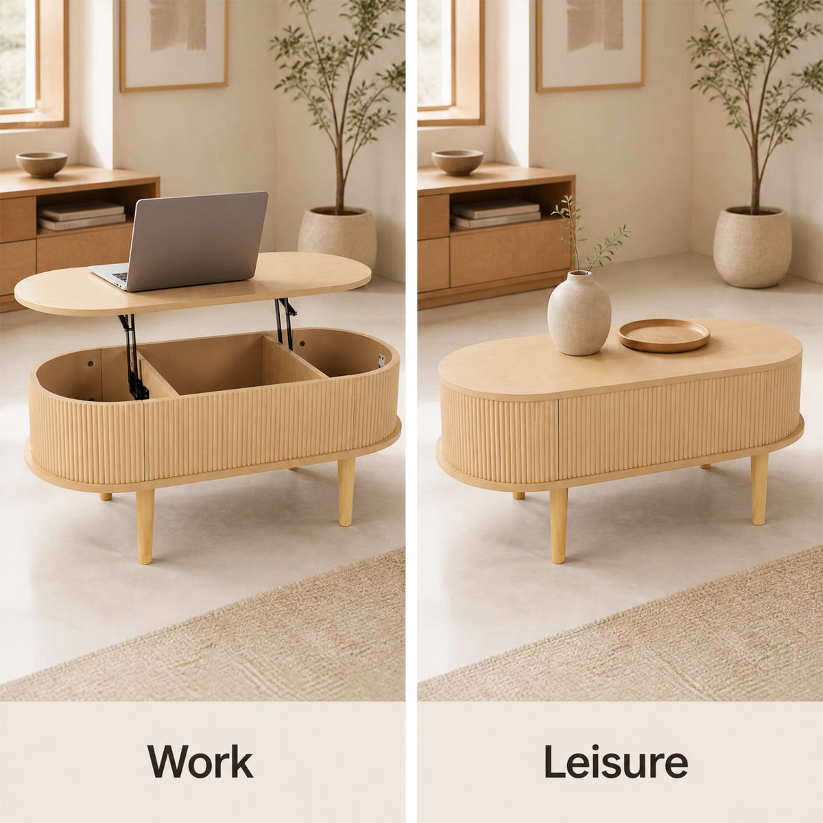 43.5 inches Oval Lift Top Coffee Table with Storage and Fluted Design for Living Room-Natural view 7