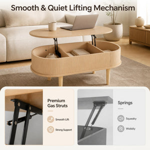 43.5 inches Oval Lift Top Coffee Table with Storage and Fluted Design for Living Room-Natural view 8