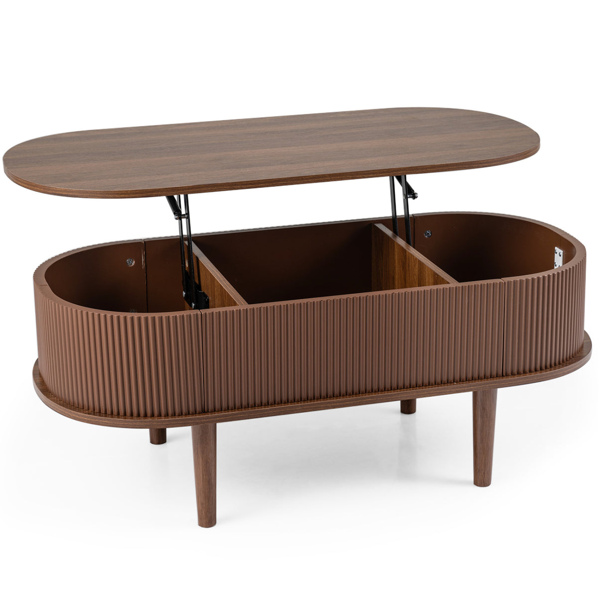 43.5 inches Oval Lift Top Coffee Table with Storage and Fluted Design for Living Room-Walnut
