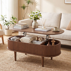 43.5 inches Oval Lift Top Coffee Table with Storage and Fluted Design for Living Room-Walnut view 2
