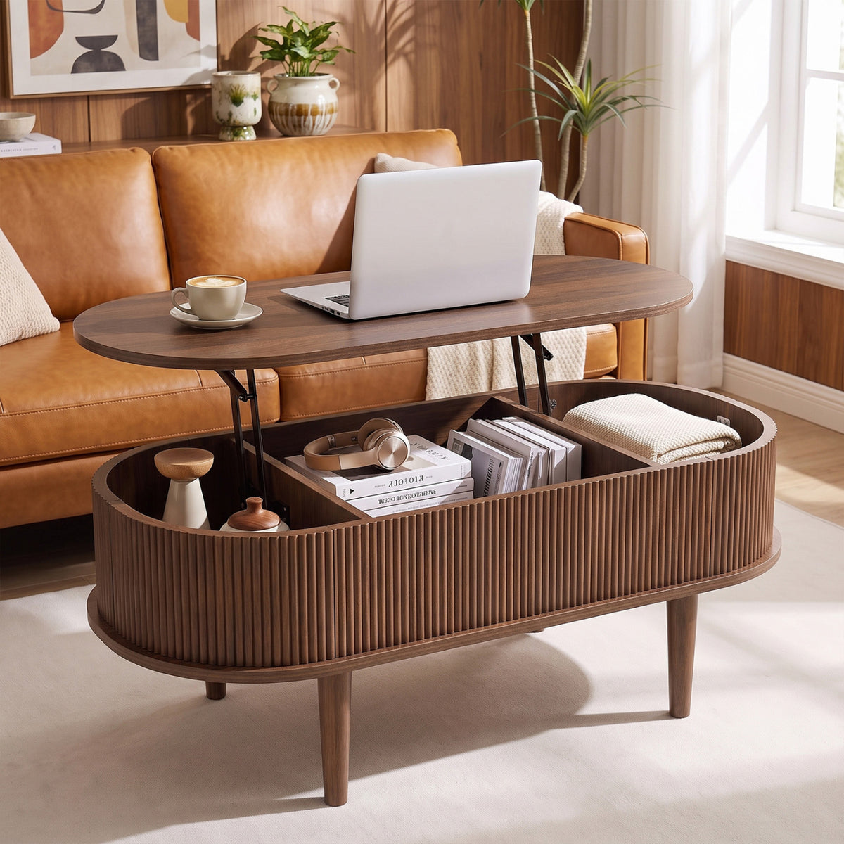 43.5 inches Oval Lift Top Coffee Table with Storage and Fluted Design for Living Room-Walnut view 3