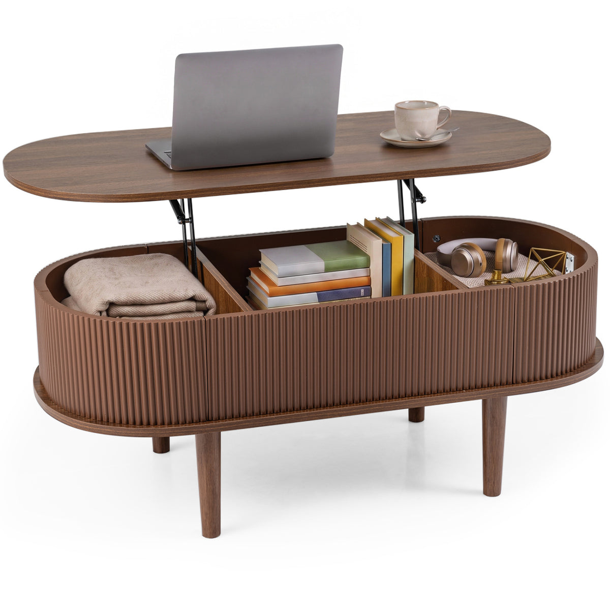 43.5 inches Oval Lift Top Coffee Table with Storage and Fluted Design for Living Room-Walnut view 4