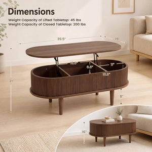 43.5 inches Oval Lift Top Coffee Table with Storage and Fluted Design for Living Room-Walnut view 5