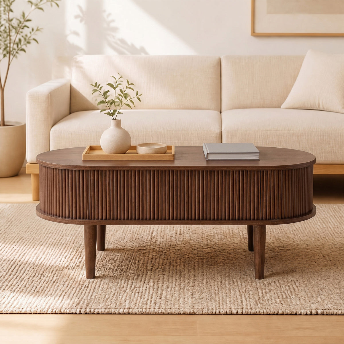 43.5 inches Oval Lift Top Coffee Table with Storage and Fluted Design for Living Room-Walnut view 6