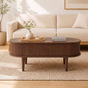 43.5 inches Oval Lift Top Coffee Table with Storage and Fluted Design for Living Room-Walnut view 6