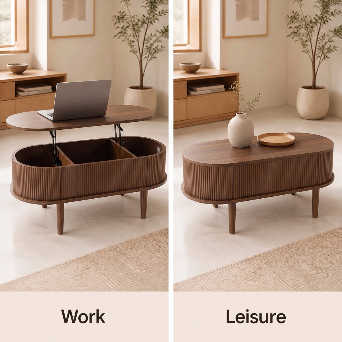 43.5 inches Oval Lift Top Coffee Table with Storage and Fluted Design for Living Room-Walnut view 7
