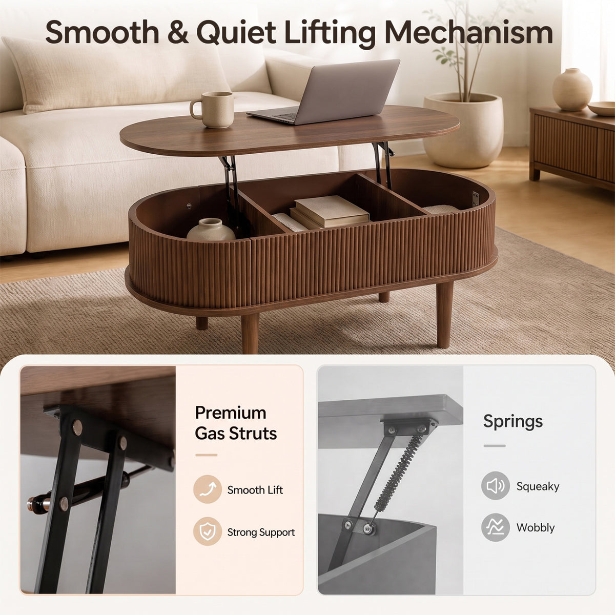 43.5 inches Oval Lift Top Coffee Table with Storage and Fluted Design for Living Room-Walnut view 8