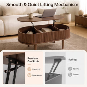 43.5 inches Oval Lift Top Coffee Table with Storage and Fluted Design for Living Room-Walnut view 8