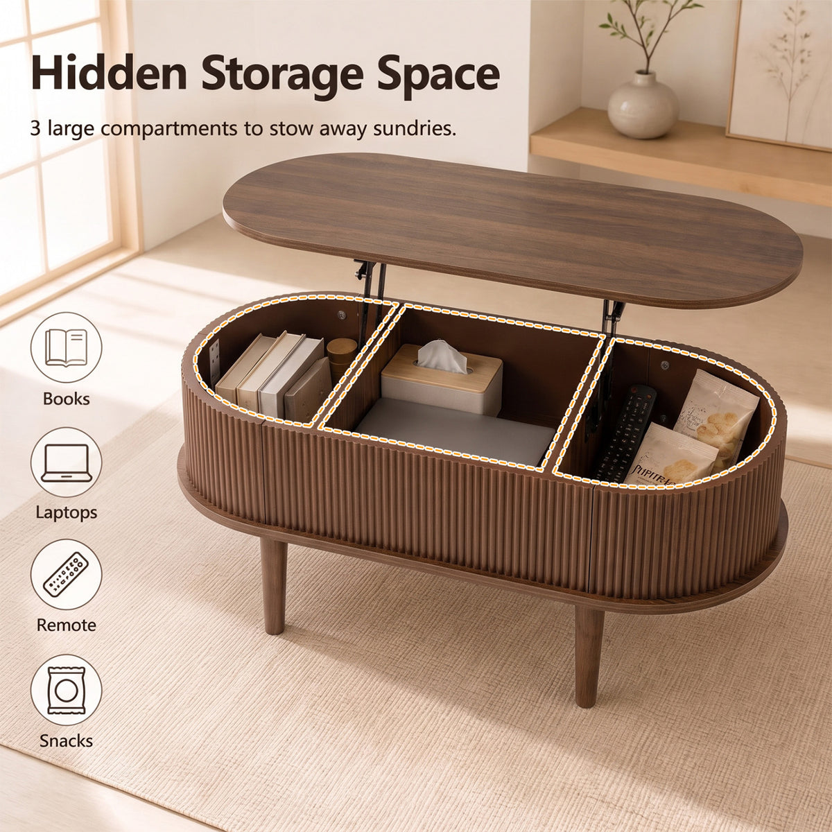 43.5 inches Oval Lift Top Coffee Table with Storage and Fluted Design for Living Room-Walnut view 9