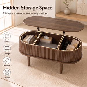 43.5 inches Oval Lift Top Coffee Table with Storage and Fluted Design for Living Room-Walnut view 9