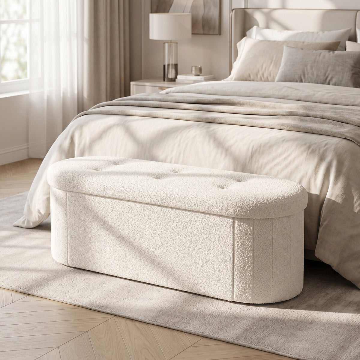 43 inches Folding Teddy Storage Ottoman Bench with Dividers for Living Room and Bedroom-Beige view 2