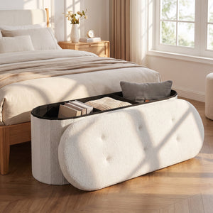 43 inches Folding Teddy Storage Ottoman Bench with Dividers for Living Room and Bedroom-Beige view 3