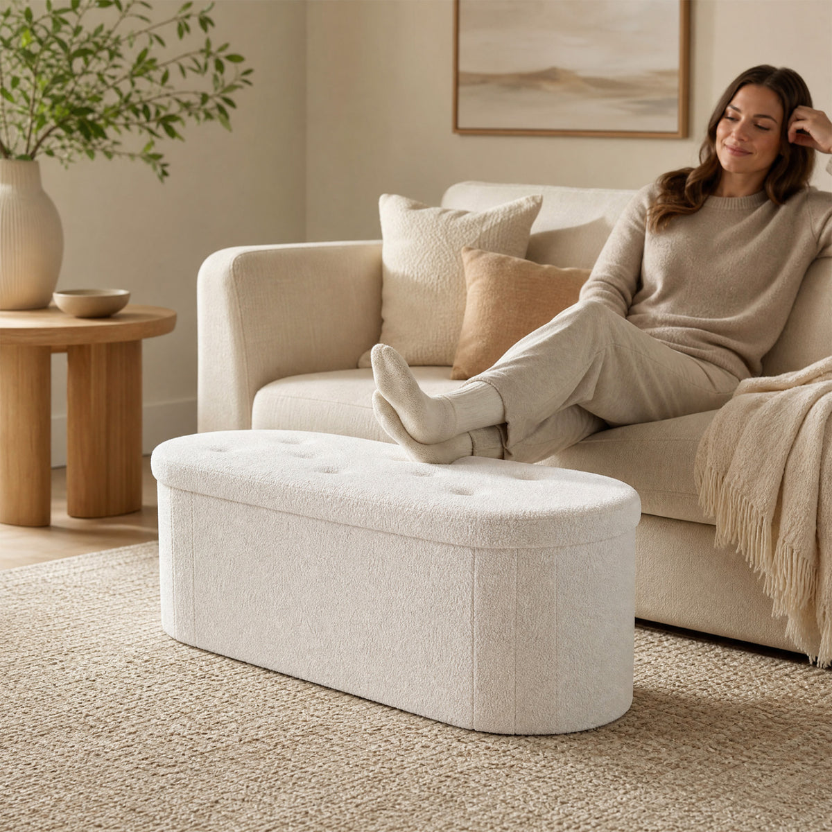 43 inches Folding Teddy Storage Ottoman Bench with Dividers for Living Room and Bedroom-Beige view 6