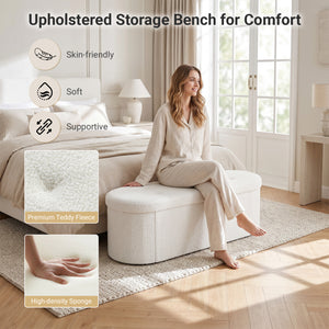 43 inches Folding Teddy Storage Ottoman Bench with Dividers for Living Room and Bedroom-Beige view 7