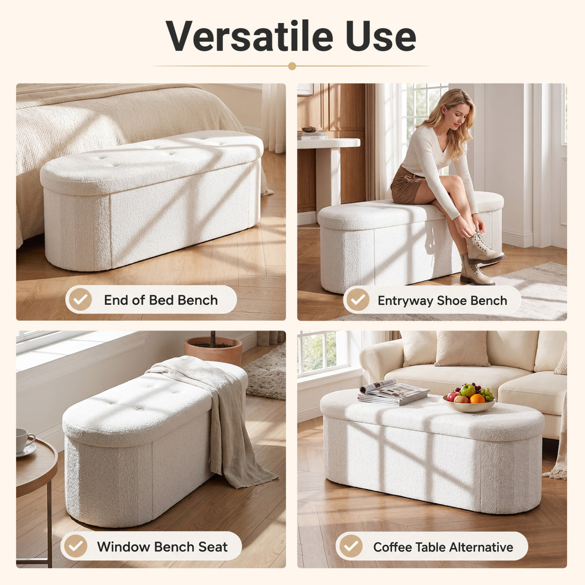 43 inches Folding Teddy Storage Ottoman Bench with Dividers for Living Room and Bedroom-Beige view 8