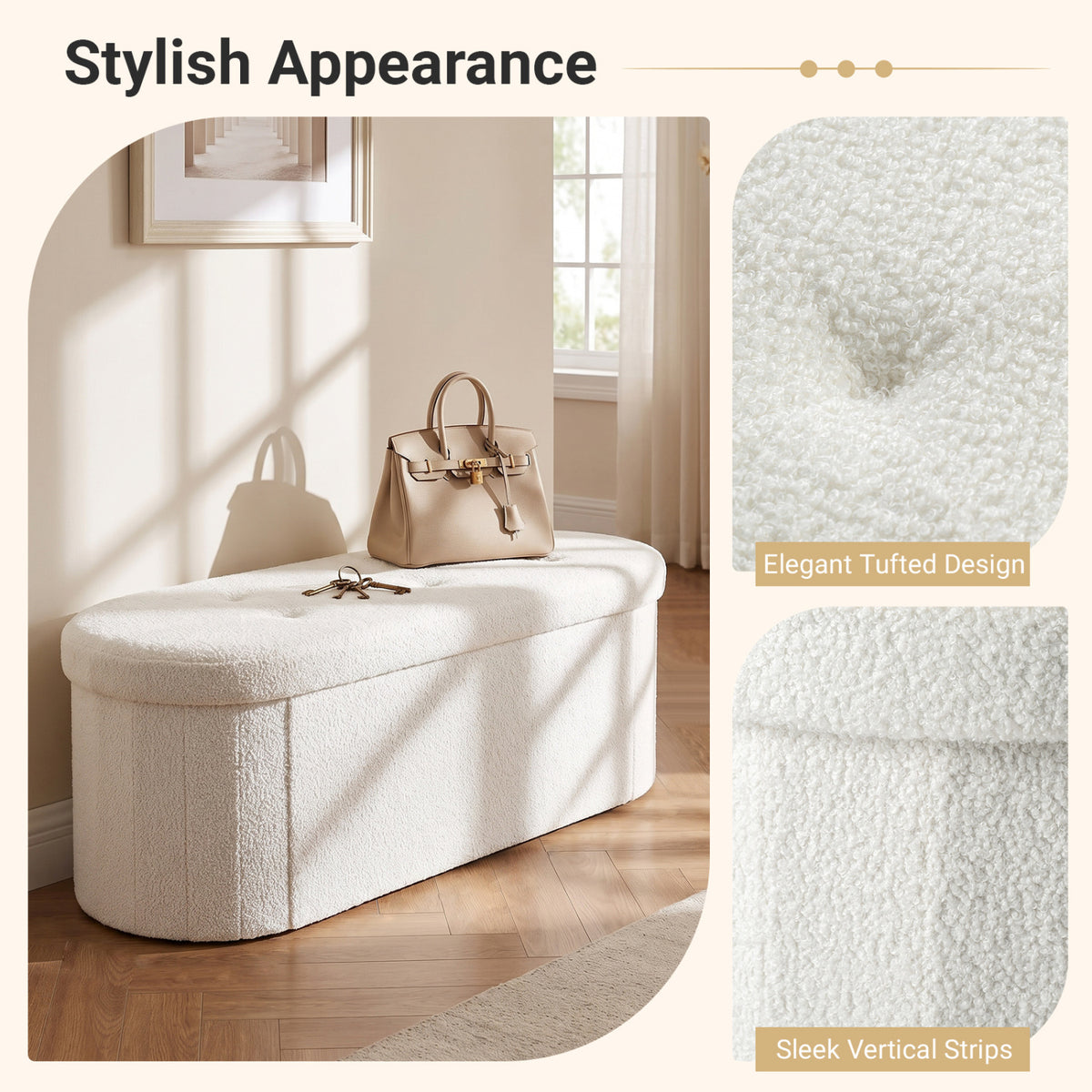 43 inches Folding Teddy Storage Ottoman Bench with Dividers for Living Room and Bedroom-Beige view 9