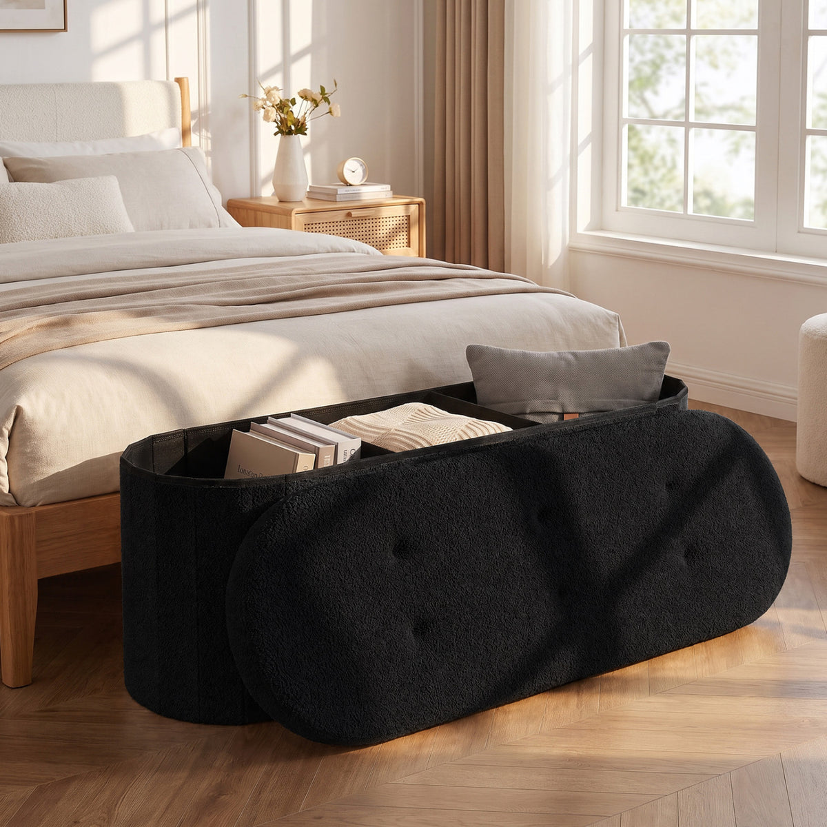 43 inches Folding Teddy Storage Ottoman Bench with Dividers for Living Room and Bedroom-Black view 3