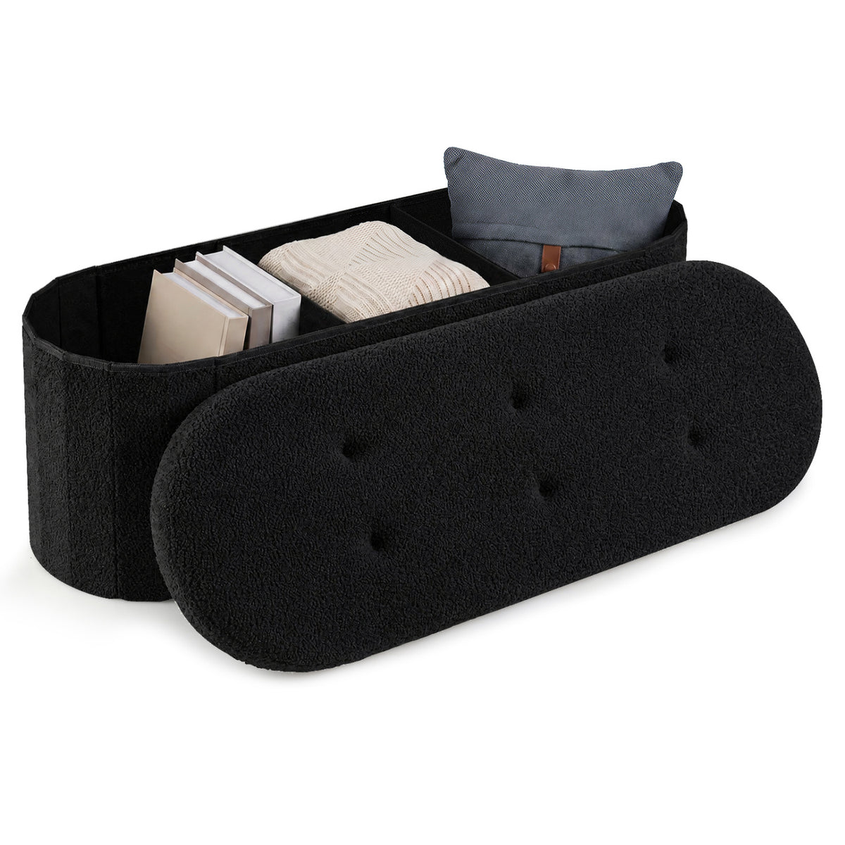 43 inches Folding Teddy Storage Ottoman Bench with Dividers for Living Room and Bedroom-Black view 4