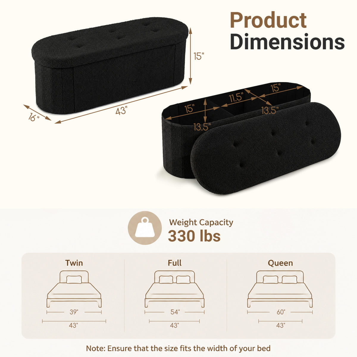 43 inches Folding Teddy Storage Ottoman Bench with Dividers for Living Room and Bedroom-Black view 5