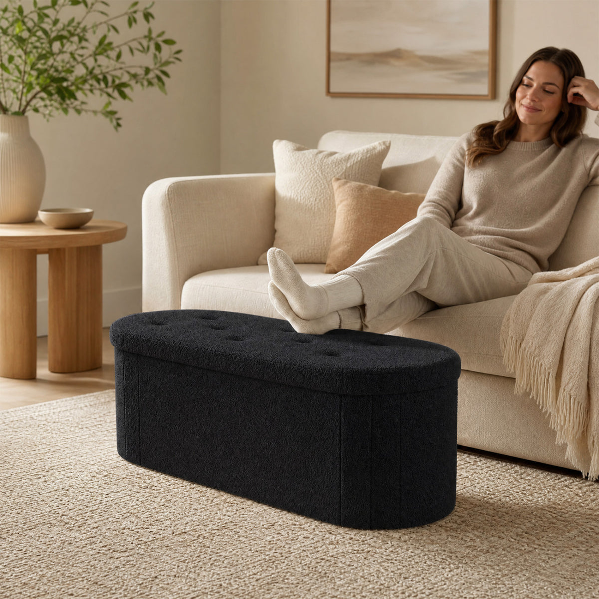 43 inches Folding Teddy Storage Ottoman Bench with Dividers for Living Room and Bedroom-Black view 6