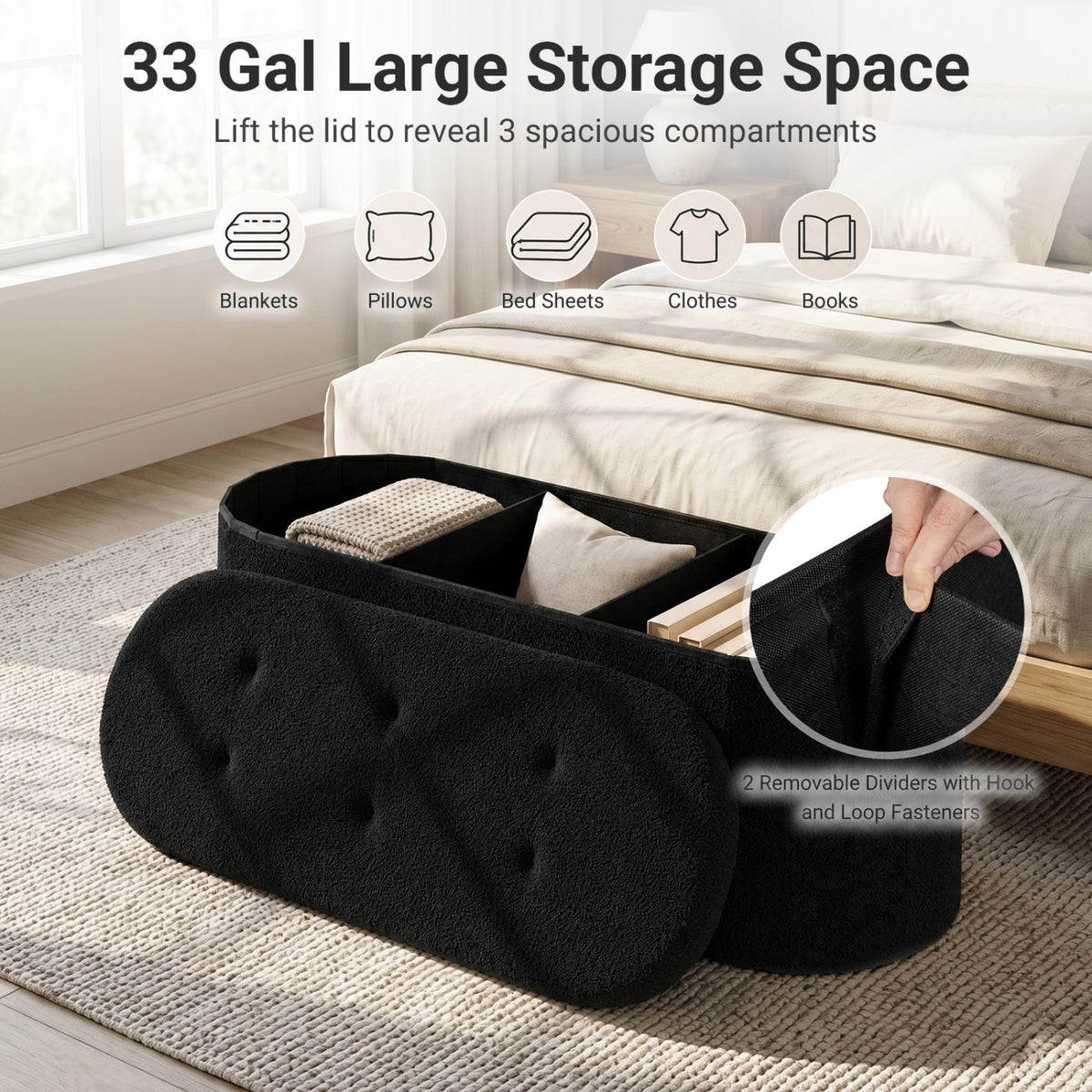43 inches Folding Teddy Storage Ottoman Bench with Dividers for Living Room and Bedroom-Black view 7