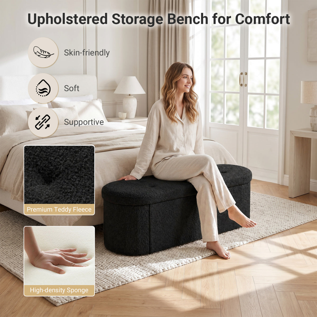 43 inches Folding Teddy Storage Ottoman Bench with Dividers for Living Room and Bedroom-Black view 8