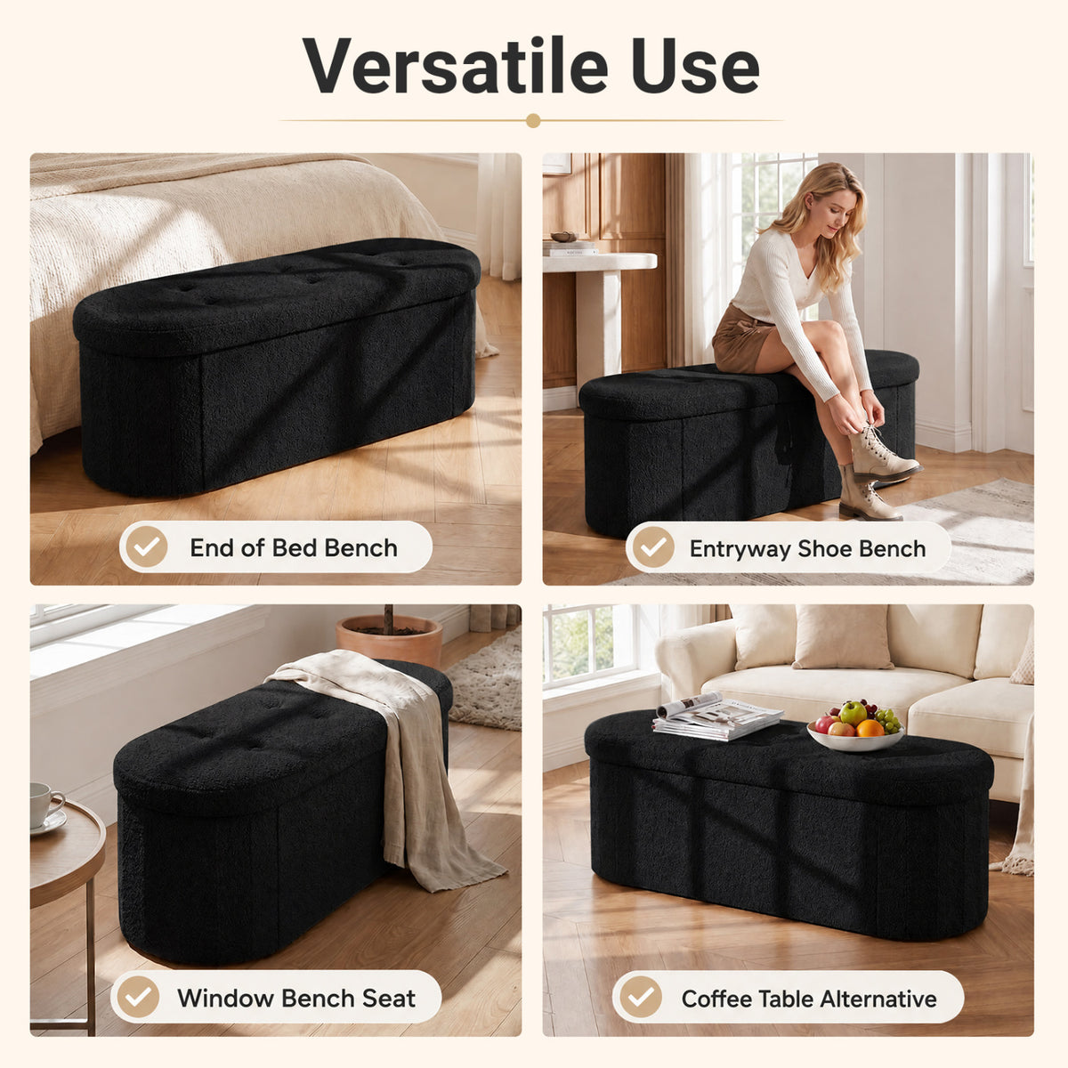 43 inches Folding Teddy Storage Ottoman Bench with Dividers for Living Room and Bedroom-Black view 9