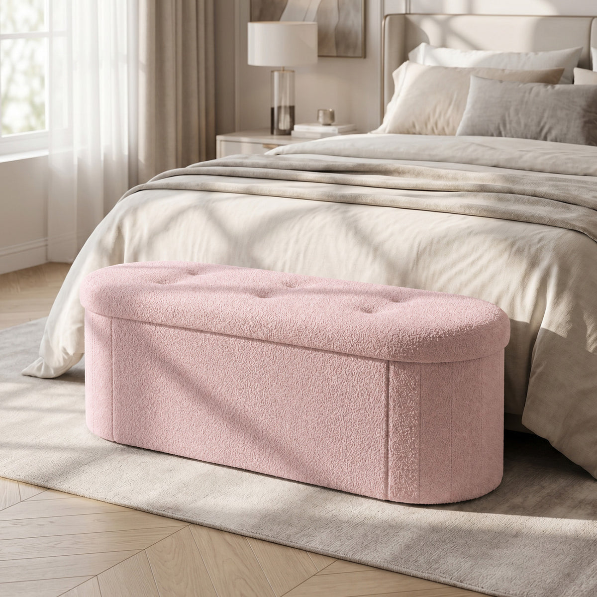 43 inches Folding Teddy Storage Ottoman Bench with Dividers for Living Room and Bedroom-Pink view 2