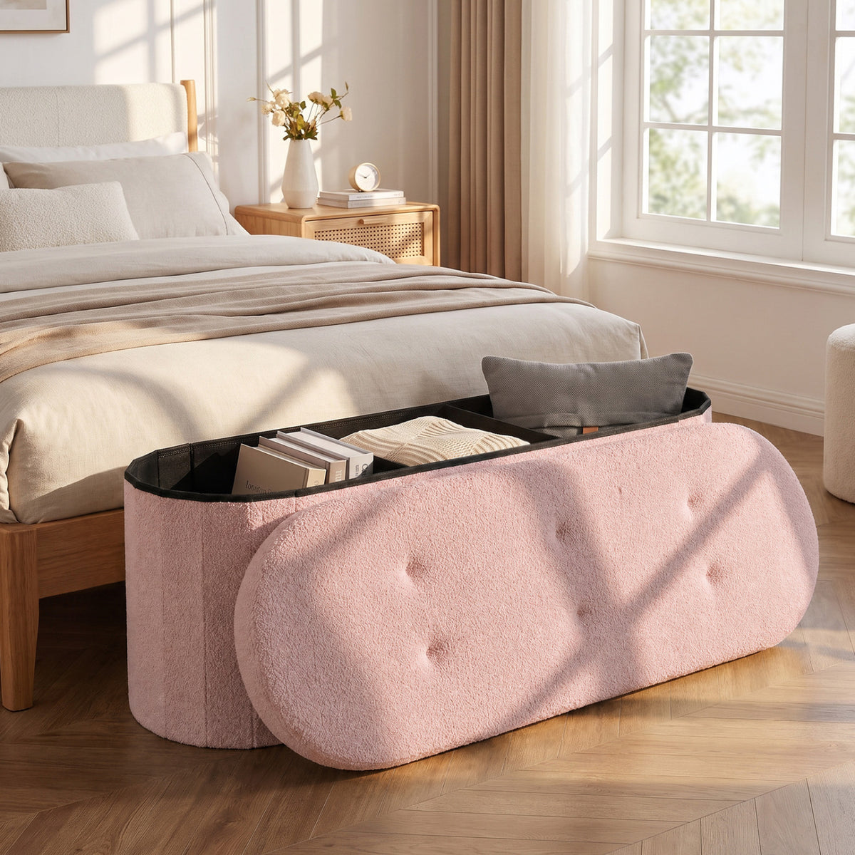 43 inches Folding Teddy Storage Ottoman Bench with Dividers for Living Room and Bedroom-Pink view 3