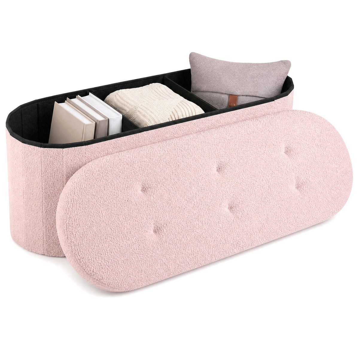 43 inches Folding Teddy Storage Ottoman Bench with Dividers for Living Room and Bedroom-Pink view 4