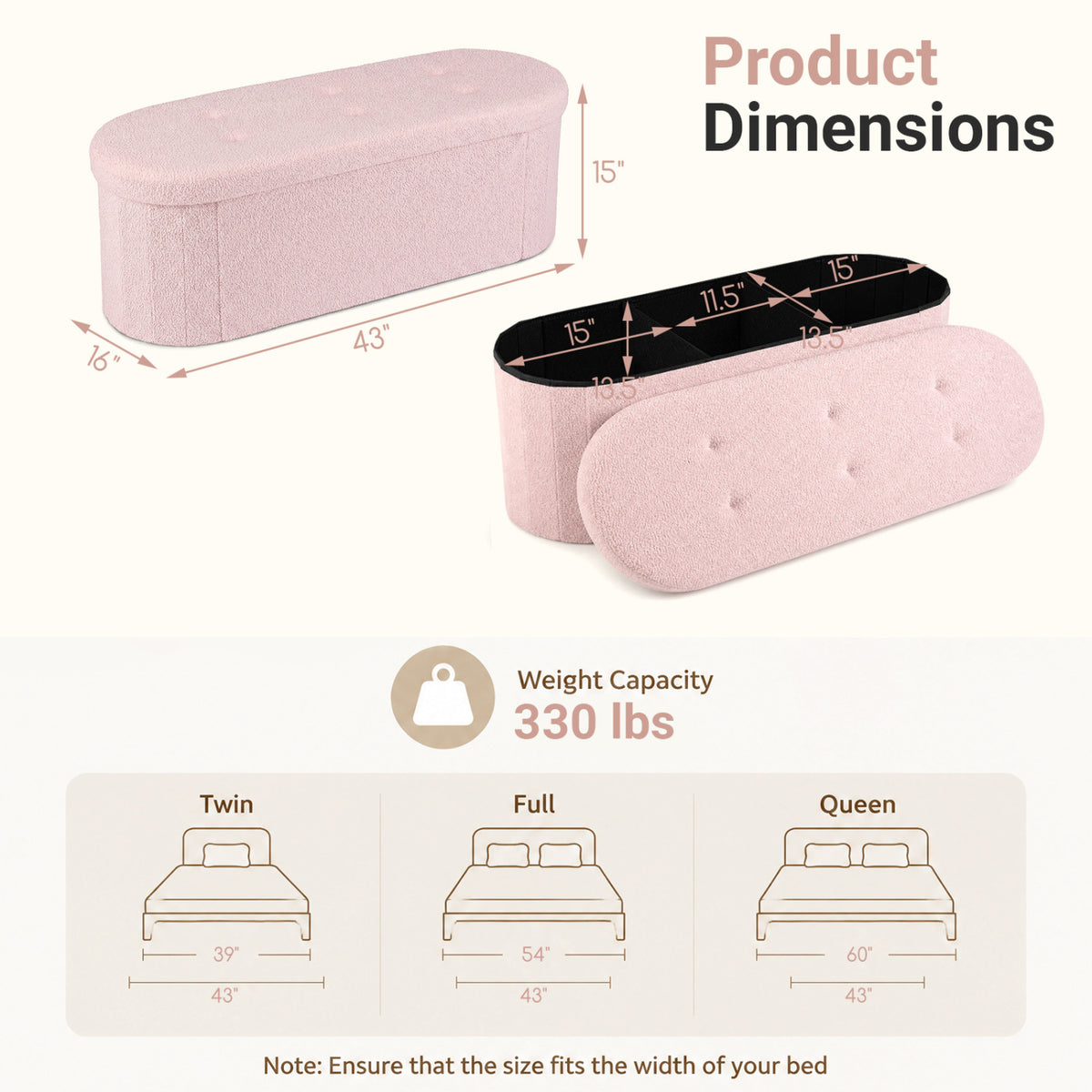 43 inches Folding Teddy Storage Ottoman Bench with Dividers for Living Room and Bedroom-Pink view 5