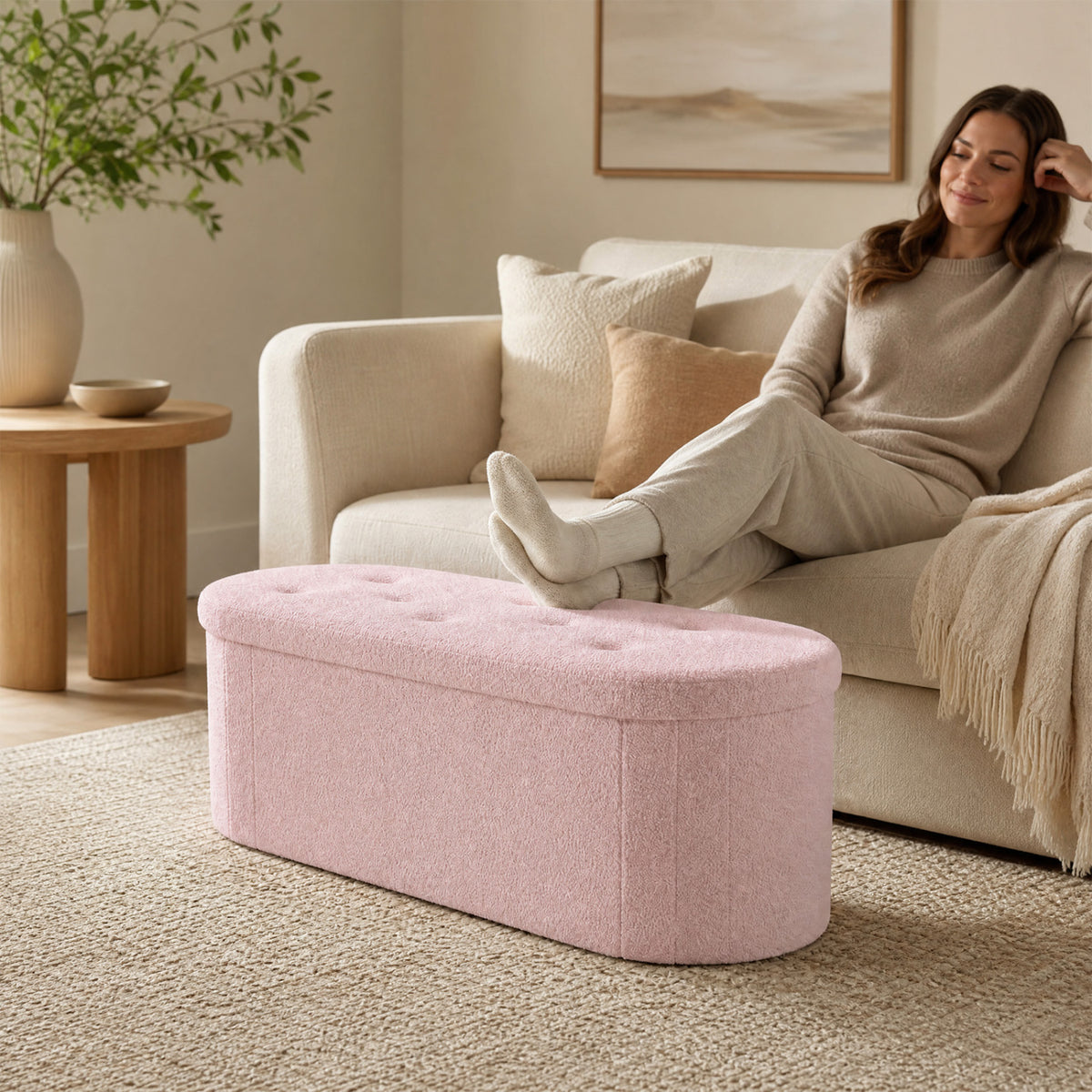 43 inches Folding Teddy Storage Ottoman Bench with Dividers for Living Room and Bedroom-Pink view 6