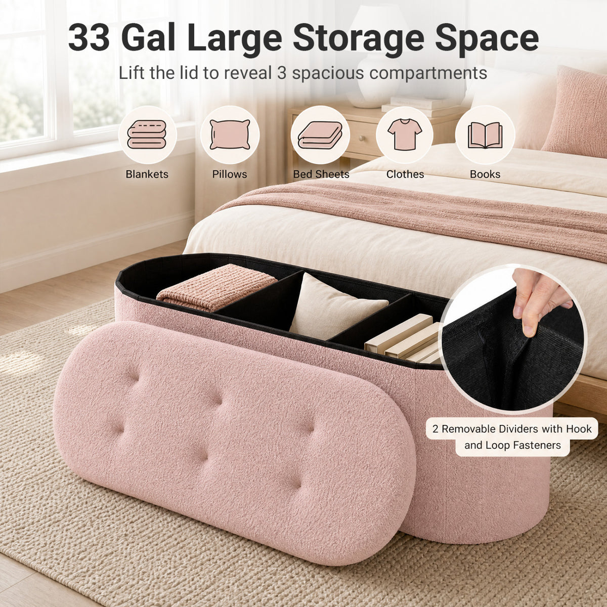 43 inches Folding Teddy Storage Ottoman Bench with Dividers for Living Room and Bedroom-Pink view 7