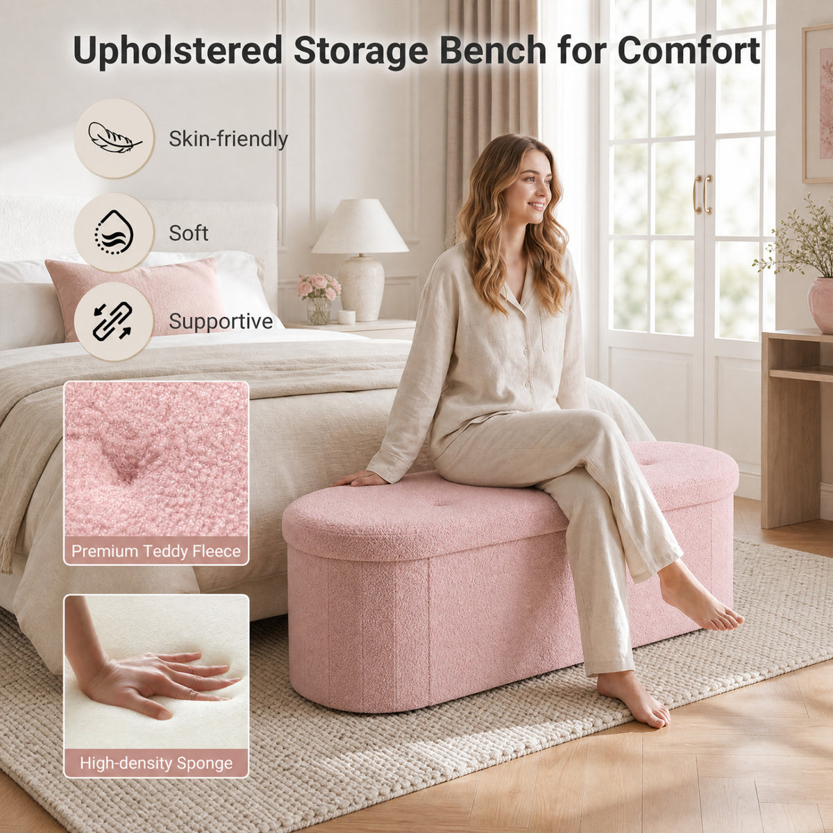 43 inches Folding Teddy Storage Ottoman Bench with Dividers for Living Room and Bedroom-Pink view 8