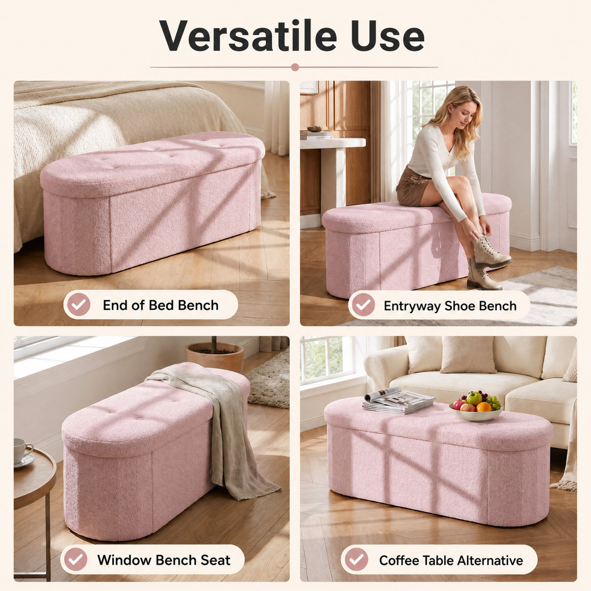 43 inches Folding Teddy Storage Ottoman Bench with Dividers for Living Room and Bedroom-Pink view 9