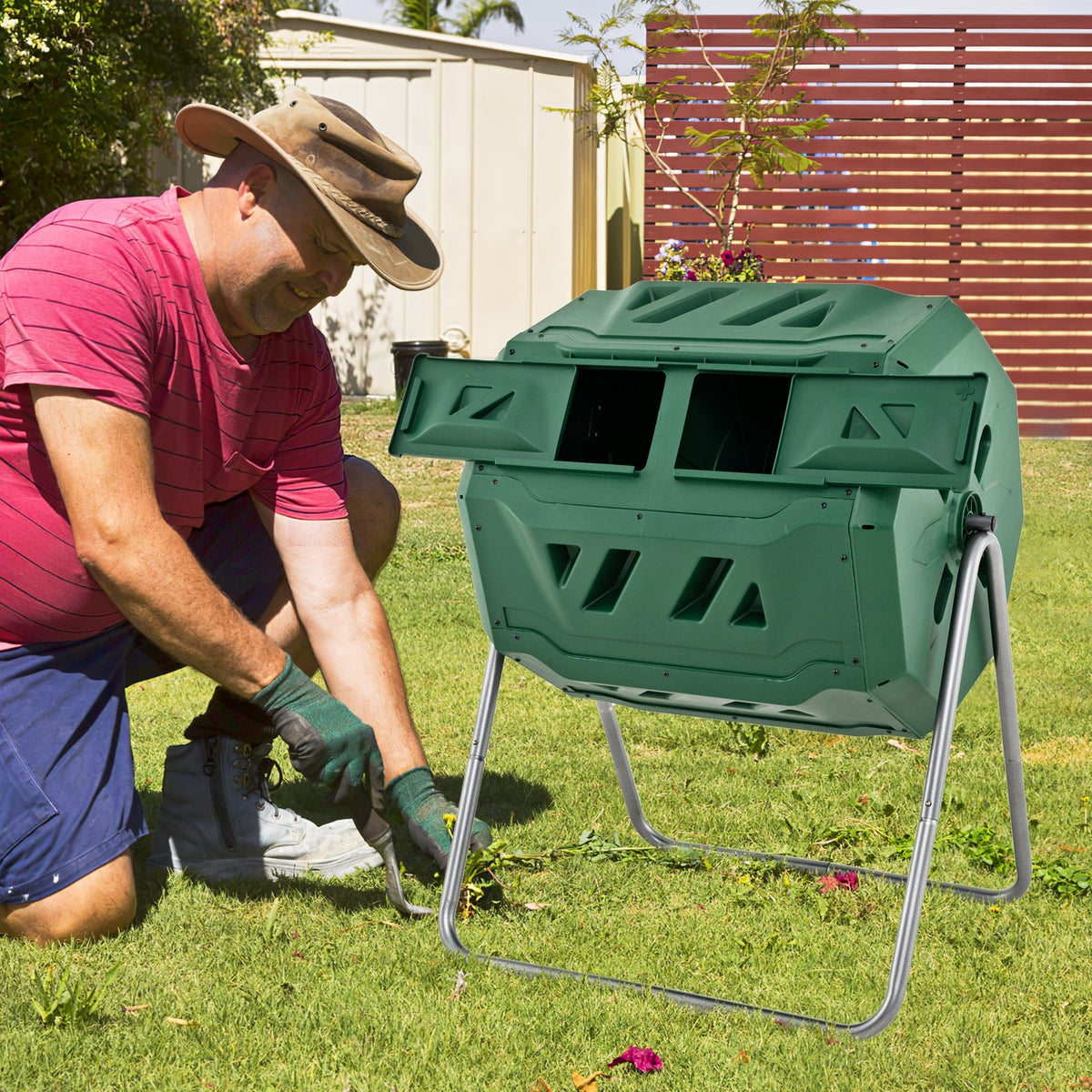 43 Gallon Rotating Compost Bin Barrel with Dual Chamber and Sliding Doors-Green view 3