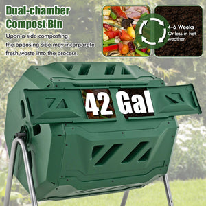 43 Gallon Rotating Compost Bin Barrel with Dual Chamber and Sliding Doors-Green view 7