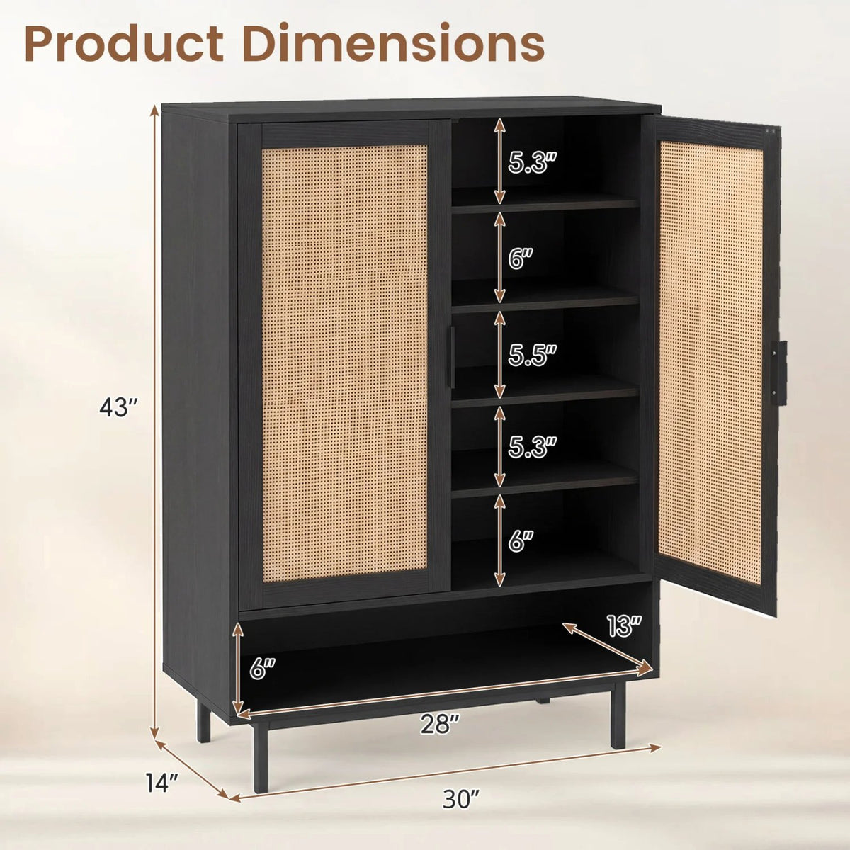 43 Inch 6-Tier Tall Shoe Cabinet with Double Doors-Black view 4