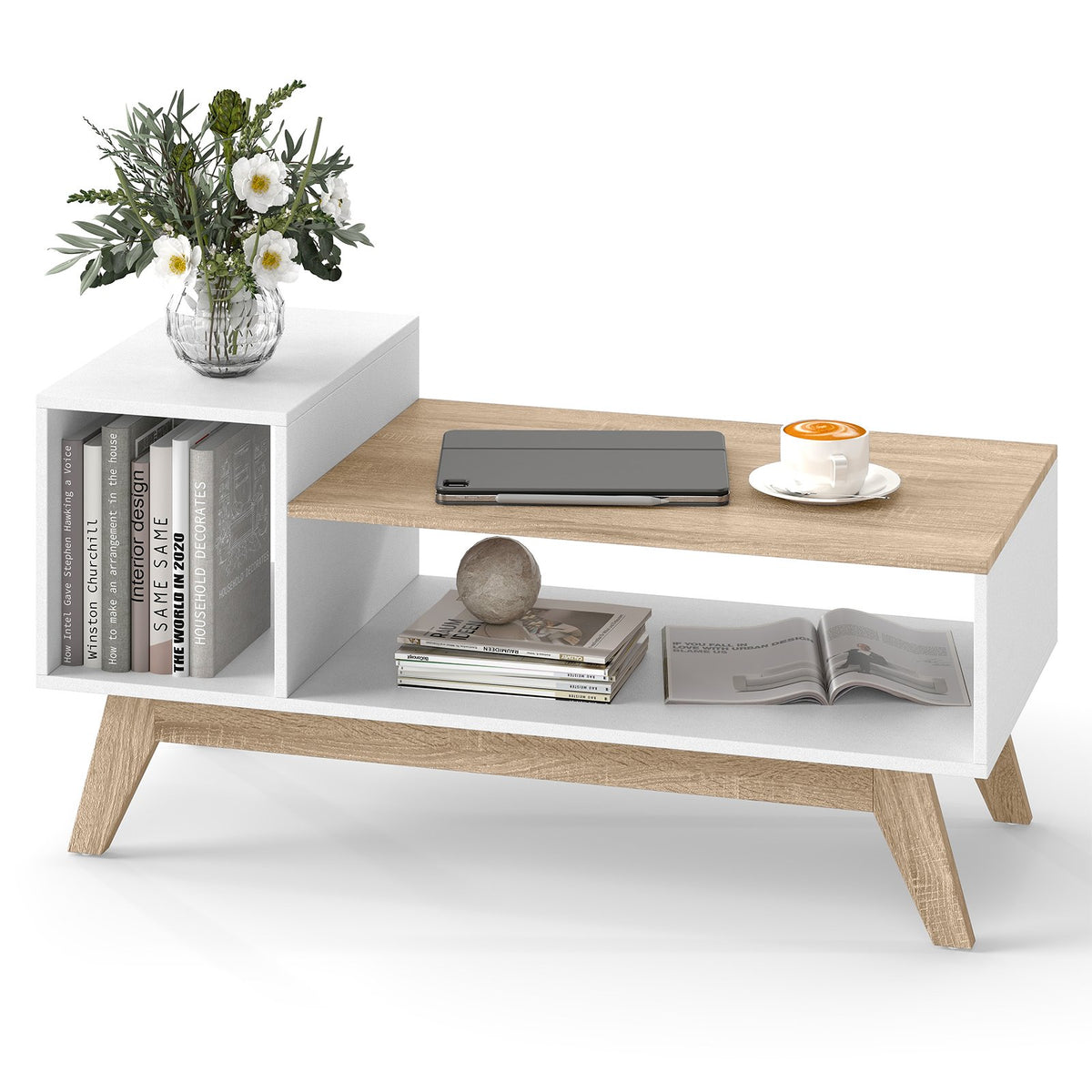43 Inch Coffee Table with Stepped Tabletop and Storage Compartments-White