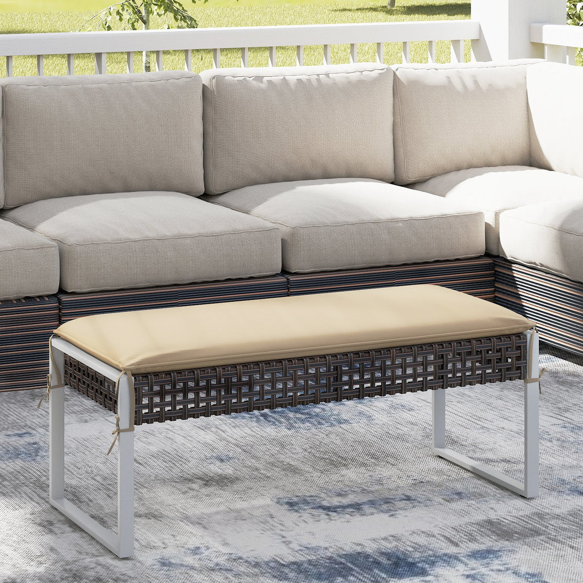 43 Inch Patio Rectangle Ottoman Pack of 2 with Metal Legs and Seat Cushion-Beige view 5