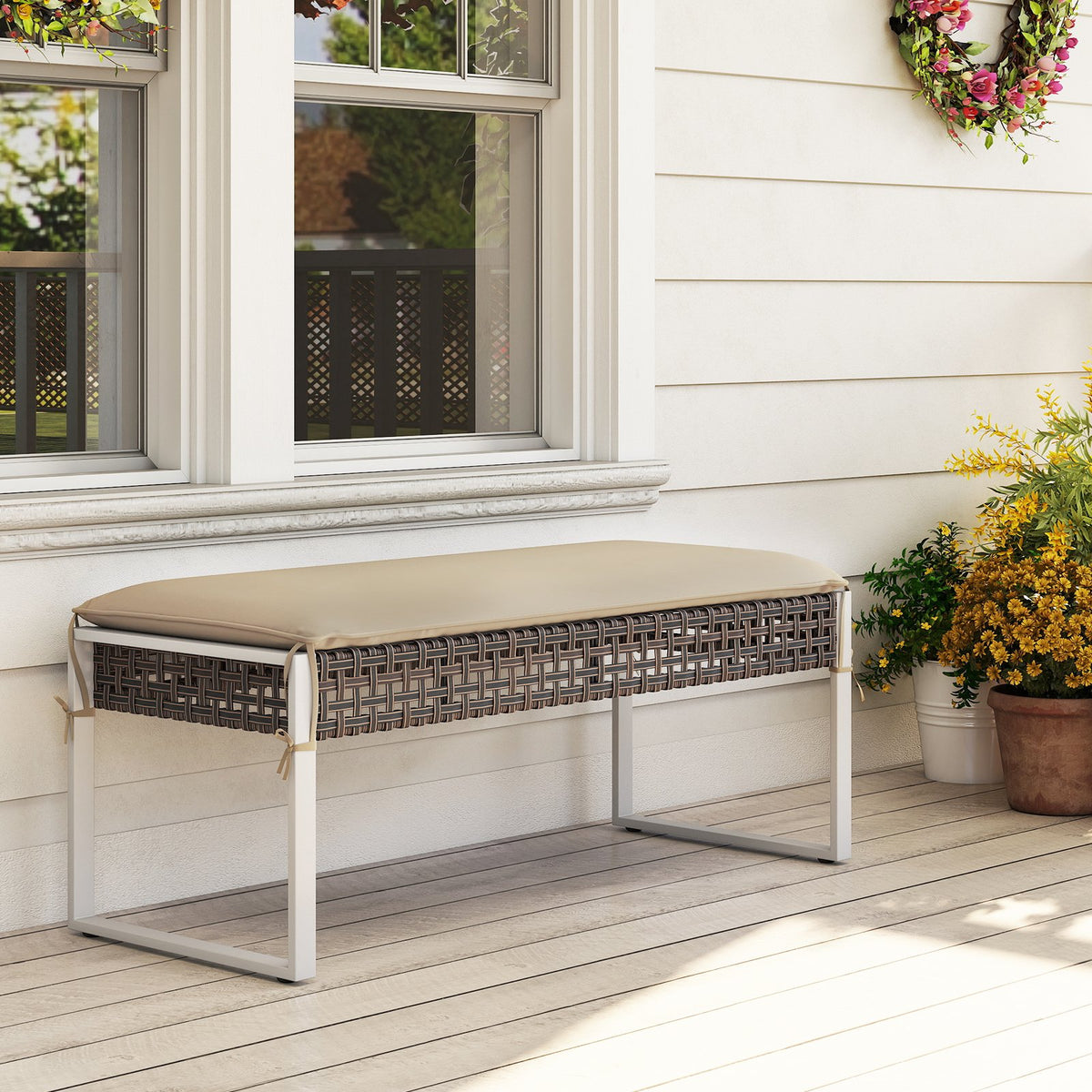 43 Inch Patio Rectangle Ottoman Pack of 2 with Metal Legs and Seat Cushion-Beige view 6