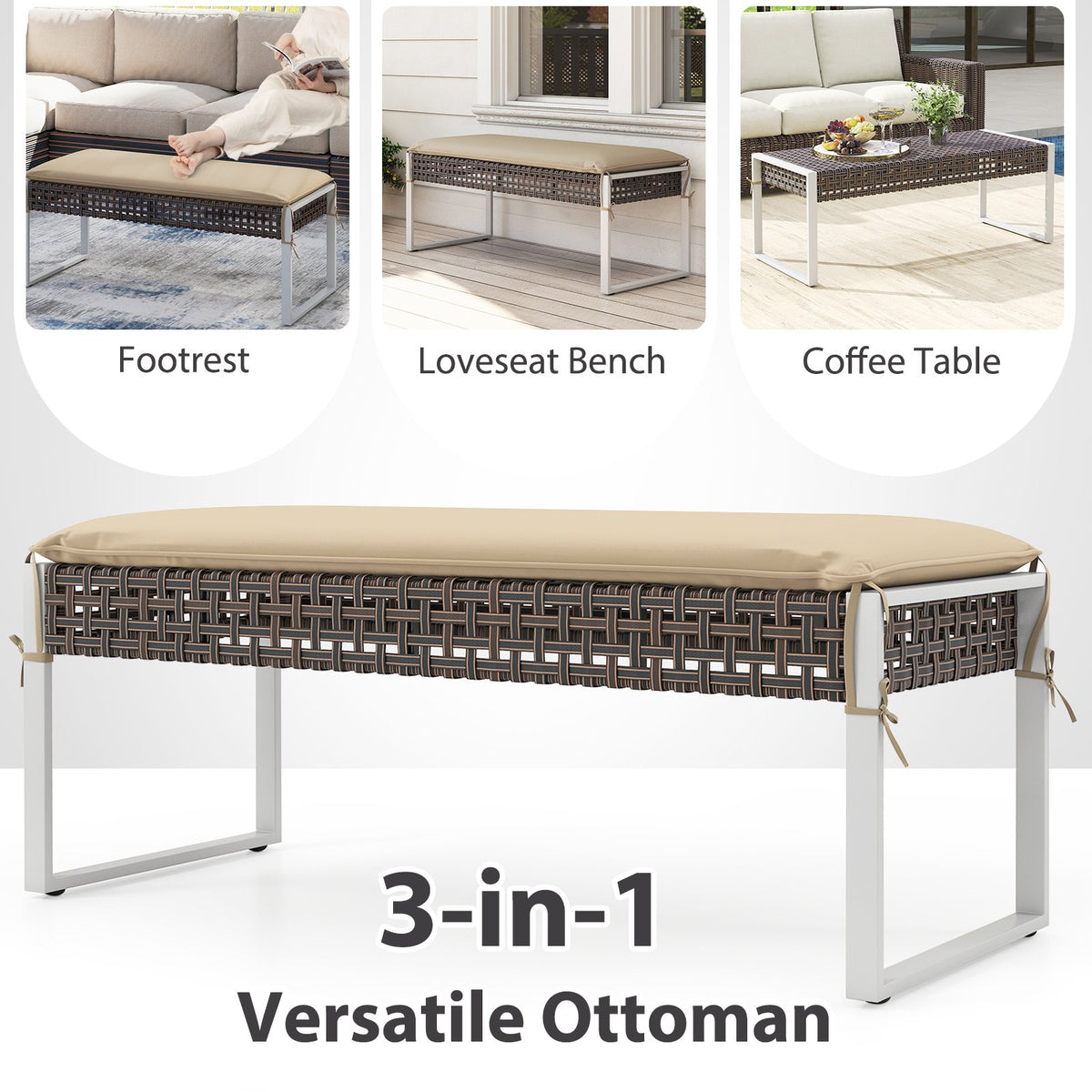 43 Inch Patio Rectangle Ottoman Pack of 2 with Metal Legs and Seat Cushion-Beige view 9