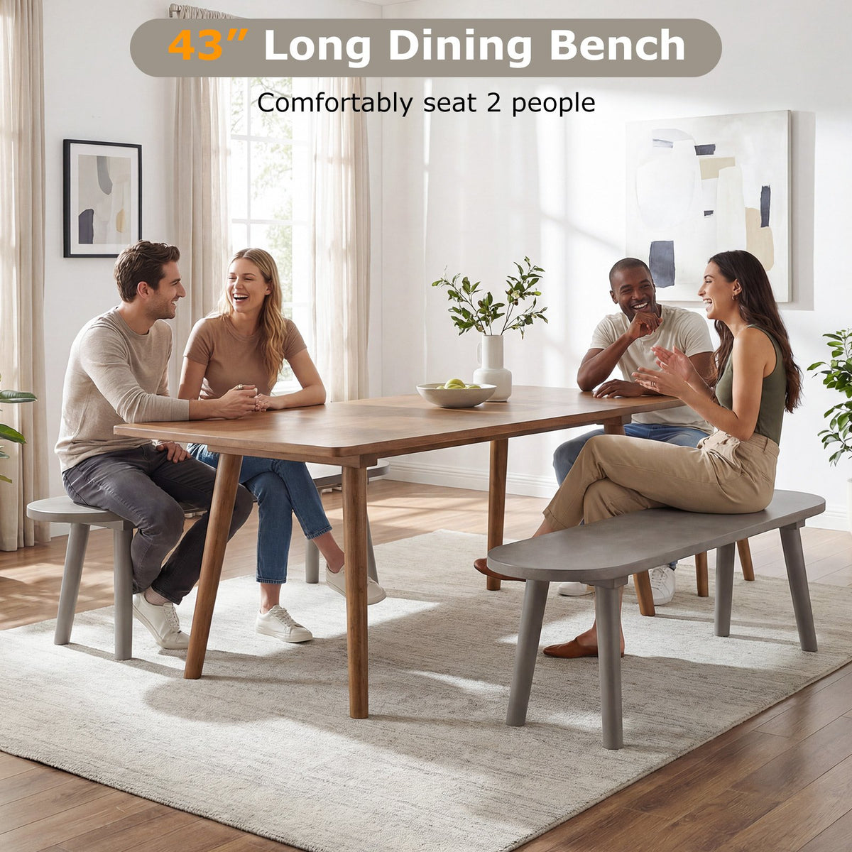 43 Inch Solid Wood Farmhouse Dining Bench Rustic Wooden Entryway Bench with Rubber Wood Legs-Gray view 8