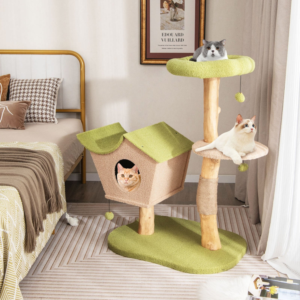 43 Inch Wooden Cat Tree with Padded Top Perch-Green view 3