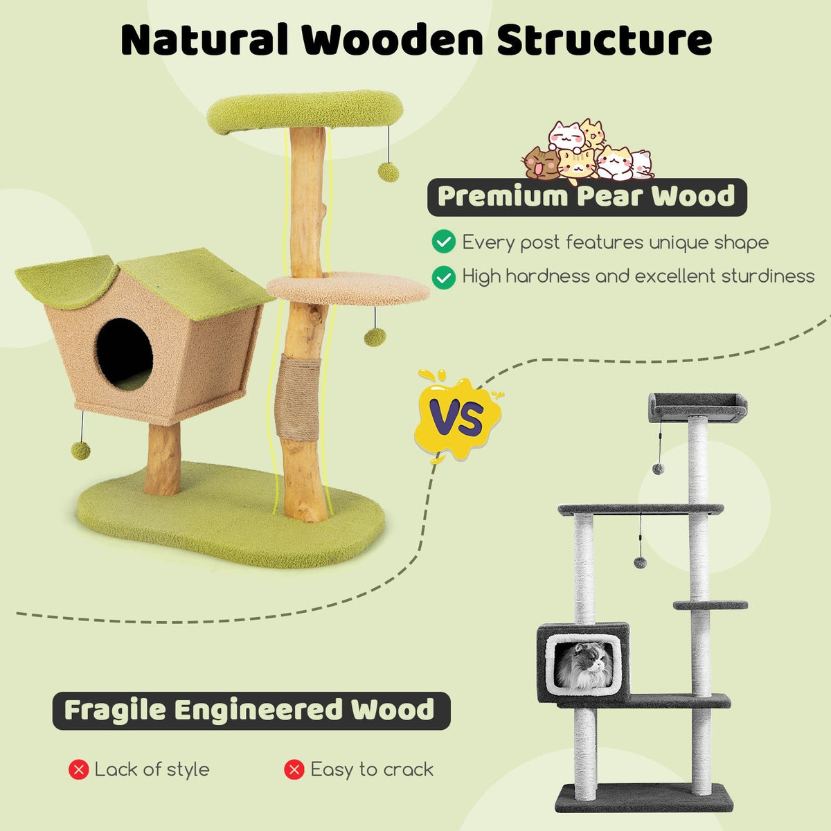43 Inch Wooden Cat Tree with Padded Top Perch-Green view 8
