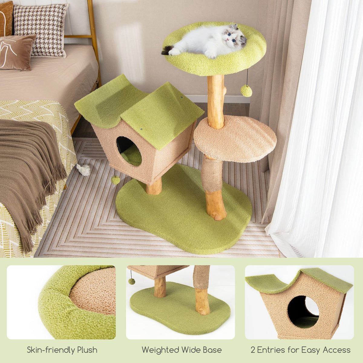 43 Inch Wooden Cat Tree with Padded Top Perch-Green view 9