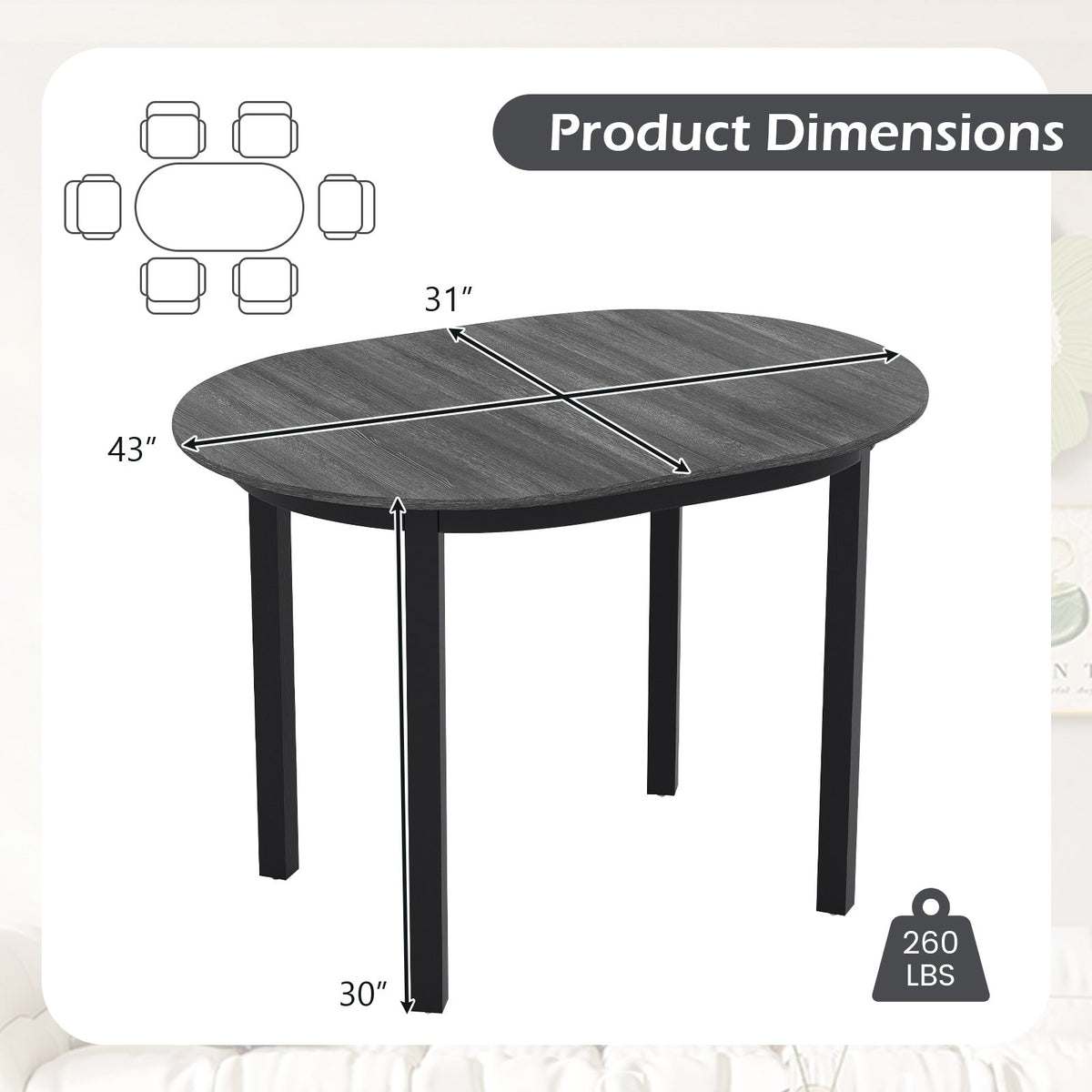 43 Inch Wooden Dining Table with Rubber Wood Legs for 2-4 People-Black view 5
